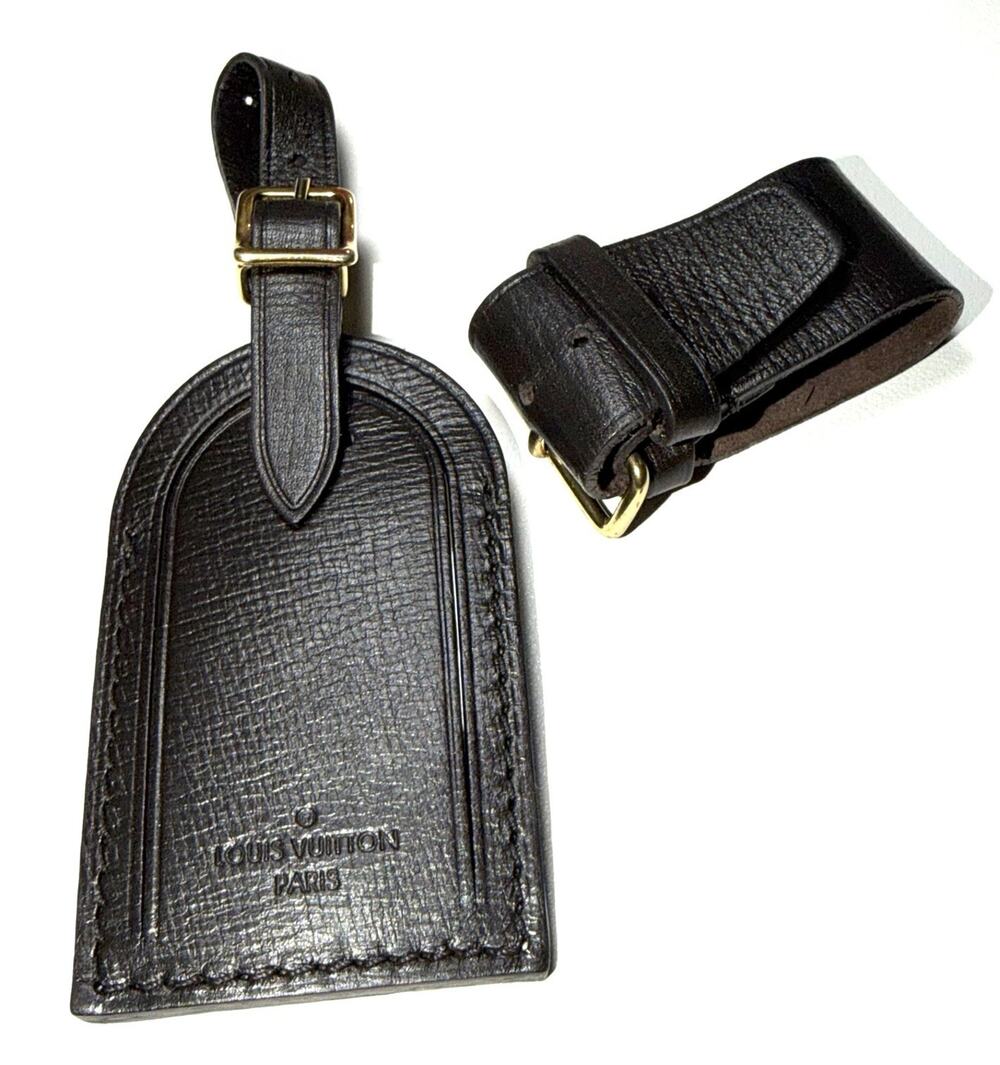 Louis Vuitton Dark Brown Name Tag w/ Strap 1 Set Lux Grained Leather Goldtone